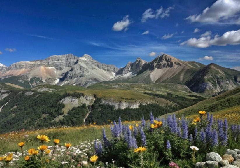 Mountain meadow wildflowers under blue sky.